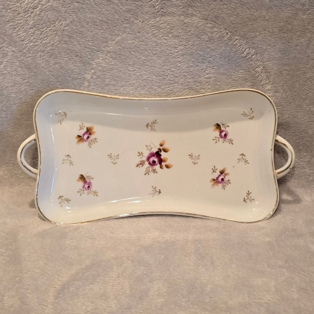 Vintage Porcelain Floral Vanity Tray Gold Trim Scalloped Rectangular Japan 10"